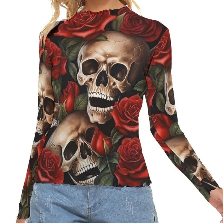 Women's Red Roses And Skulls Mesh T-shirt Mesh Canvas Denim