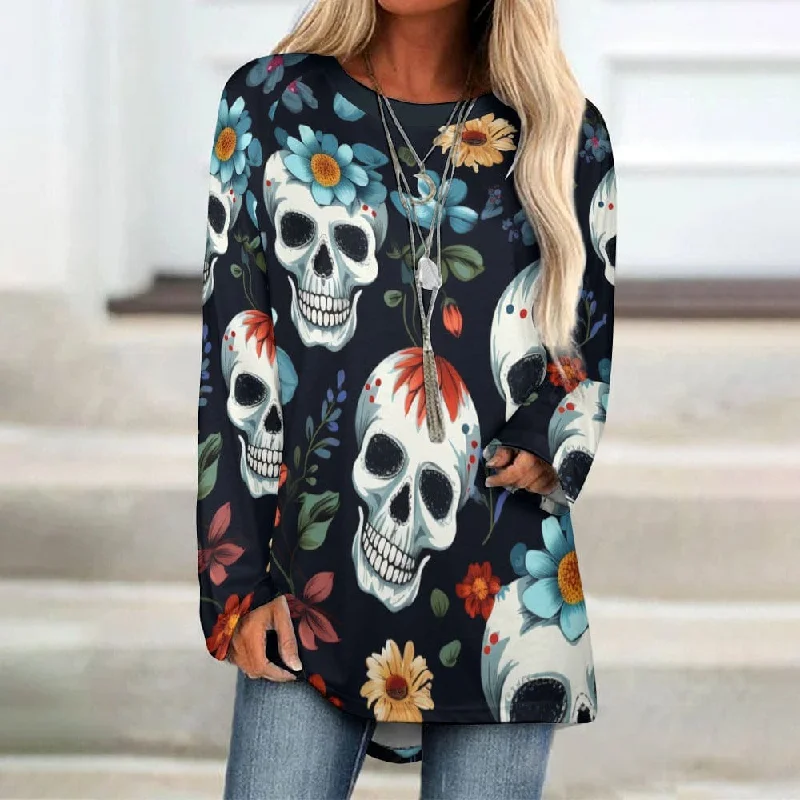 Women's Skulls With Blue Flowers Crew Neck Long Sleeve T-Shirt Chenille Blend Fleece Blend Nylon Blend