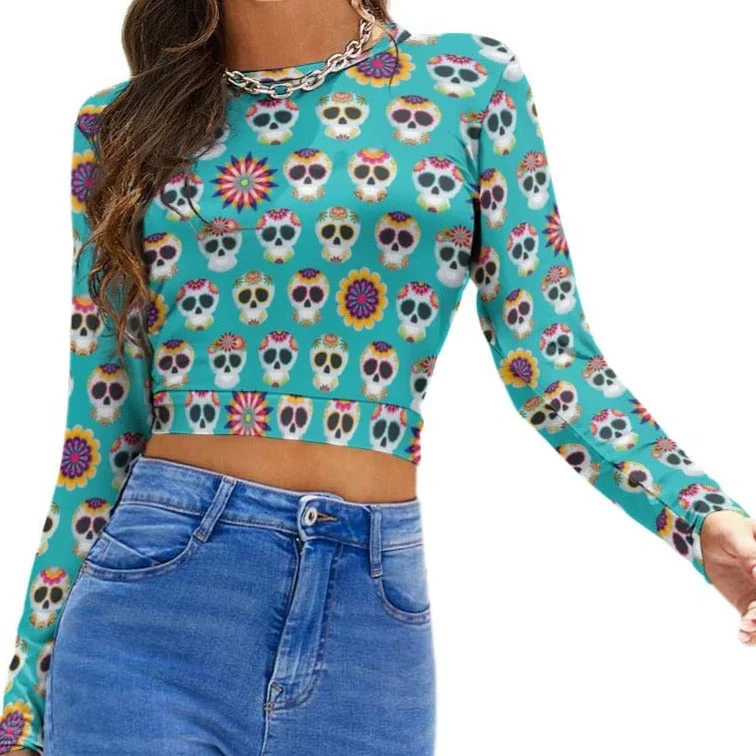 Women's Turquiose Blue Skulls Backless T-shirt Chenille Fabric Brocade Fabric Lace Fabric Women's Turquiose Blue Skulls Backless T-shirt Chenille Fabric Brocade Fabric Lace Fabric