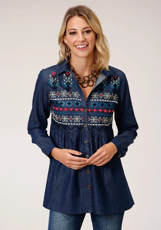 WOMENS LONG SLEEVE INDIGO DENIM TUNIC BLOUSE Silky Draped Blouse