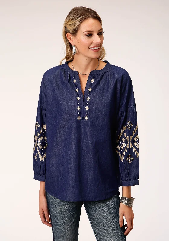WOMENS LONG SLEEVE INDIGO DENIM BLOUSE Embroidered Floral Blouse