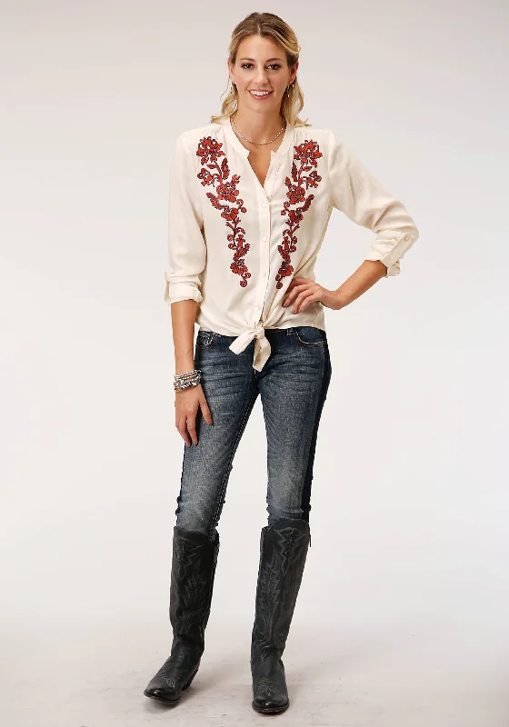 WOMENS LONG SLEEVE CREAM SOLID RAYON CHALLIS BLOUSE Stretchy Fitted Blouse