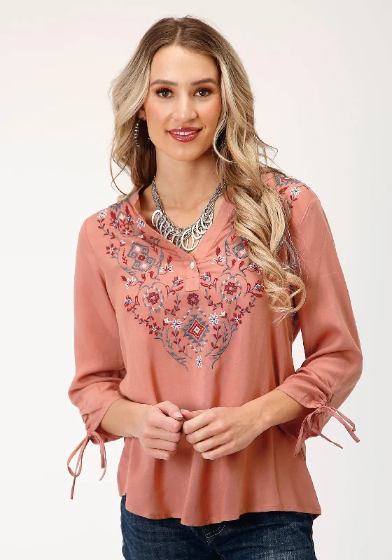 WOMENS LONG SLEEVE DK CORAL SOLID RAYON PEASANT BLOUSE Feminine Puff Blouse