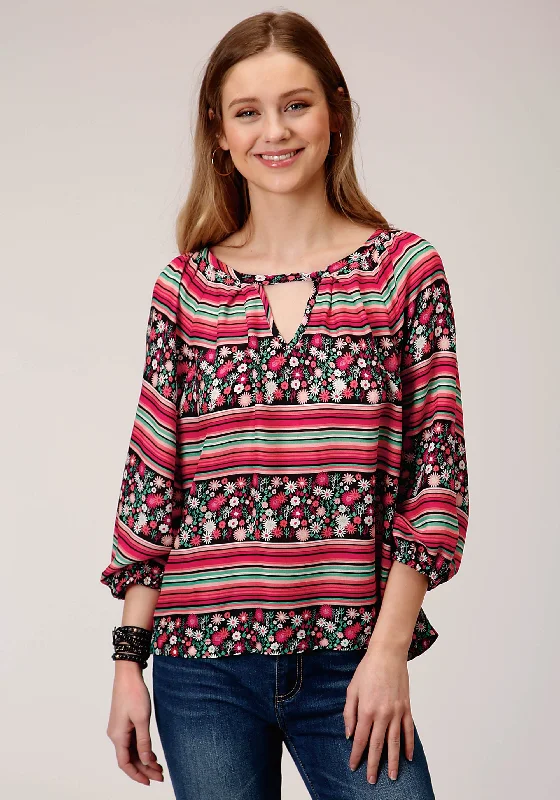 WOMENS LONG SLEEVE FLORAL PRINT RAYON PEASANT BLOUSE Lightweight Floral Blouse