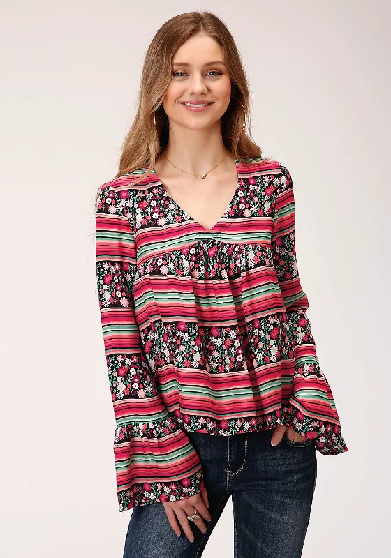 WOMENS LONG SLEEVE FLORAL PRINT RAYON PEASANT BLOUSE Everyday Stylish Blouse