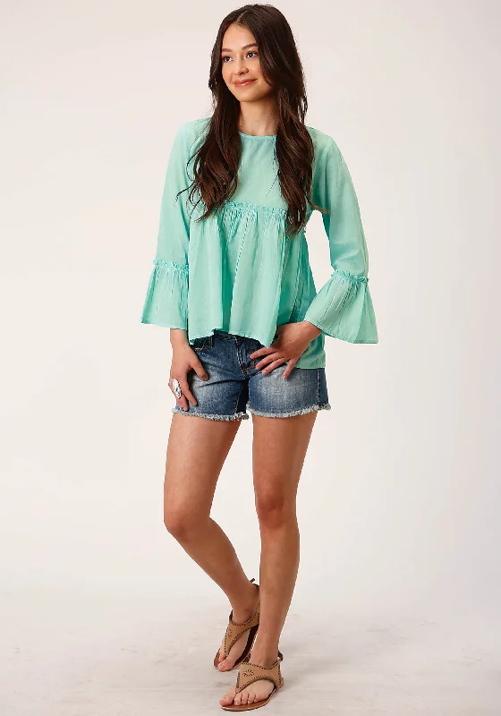 WOMENS LONG SLEEVE COTTON DIP DYE TURQUOISE  BLOUSE Lightweight Floral Blouse