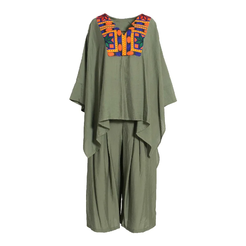 Fahm Women's Green Blouse & Pant Set, Free Size Frilled Cuff Blouse