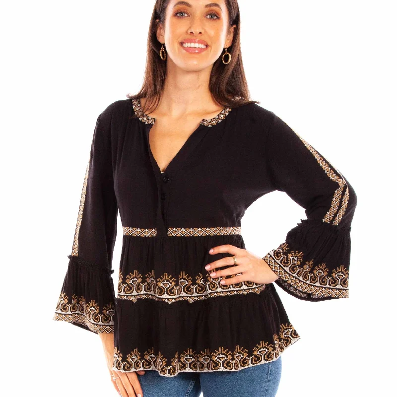 Black Embroidered Bell Sleeve Blouse Scully Bourbon Cowgirl Vintage Lace Blouse