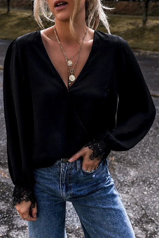 Black Lace Crochet Cuff V Neck Velvet Blouse Oversized Silk Blouse