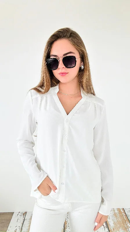 Classic Breeze Roll-Tab Blouse Top - Off White Elegant Embroidery Blouse