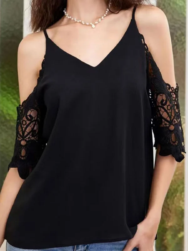 Cold-Shoulder V-Neck Spliced Lace Blouse Feminine Tie Blouse