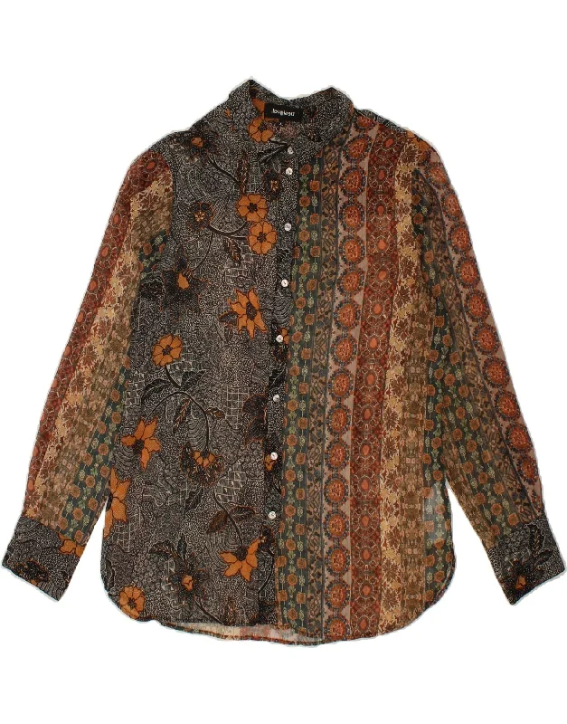 DESIGUAL Womens Shirt Blouse UK 18 XL Brown Floral Polyester Elegant Lace Blouse