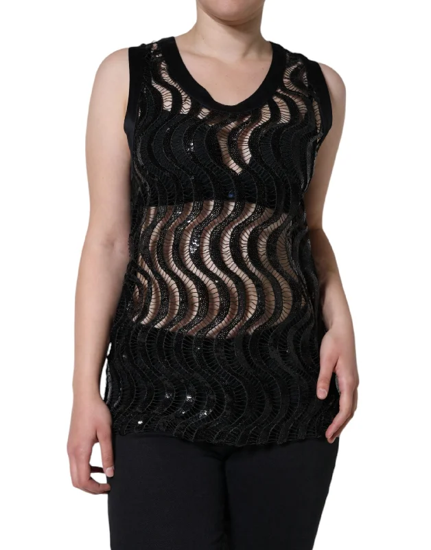 Dolce & Gabbana Black Sequin Sleeveless Tank Blouse Top Ruched Sleeve Blouse