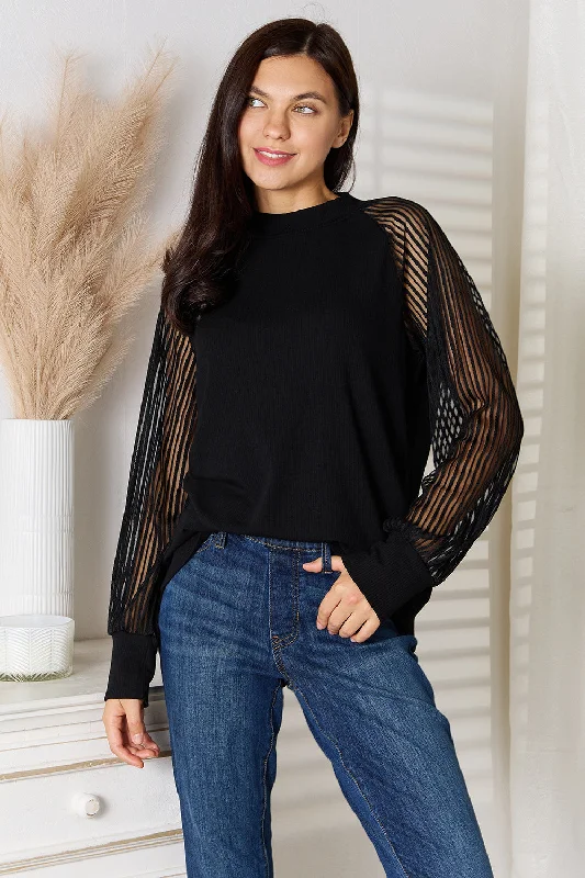 Double Take Round Neck Raglan Sleeve Blouse Soft Satin Blouse
