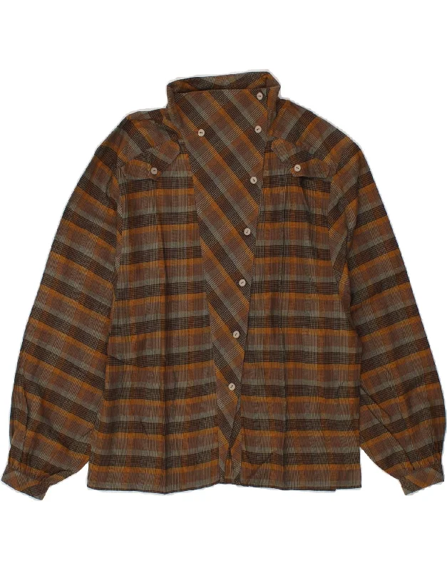 ELEGANCE Womens Shirt Blouse EU 38 Medium Brown Check Cotton Double Button Blouse