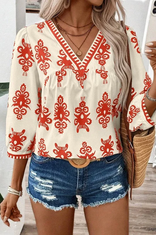Ethnic Abstract Print Puff Sleeve V Neck Blouse Chic Sleeveless Blouse