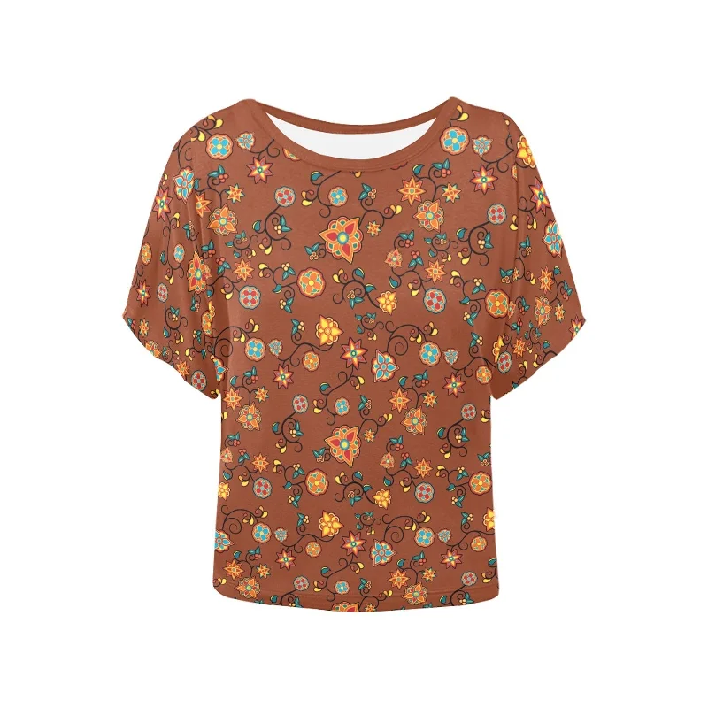 Fire Bloom Shade Women's Batwing-Sleeved Blouse T shirt Embroidered Floral Blouse