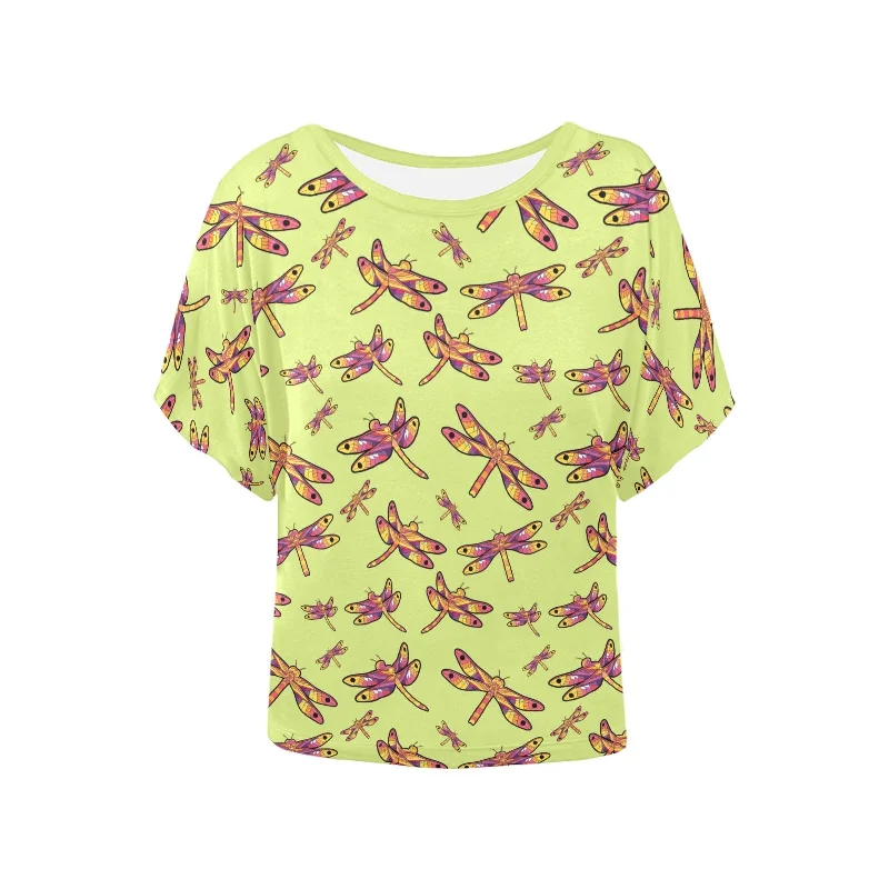 Gathering Lime Women's Batwing-Sleeved Blouse T shirt Boho Printed Blouse