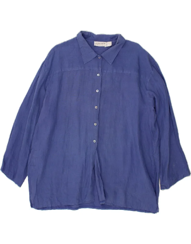 JAEGER Womens Shirt Blouse UK 20 2XL Blue Linen Elegant Embroidery Blouse