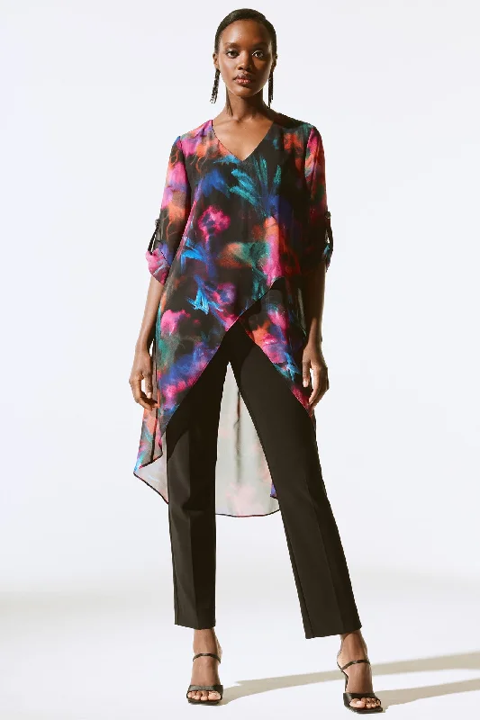 Joseph Ribkoff 243768 Black Multi Long Hem Blouse Satin Long Blouse