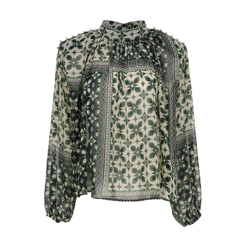 JIJIL Women's Nero/Green Blouse Collared Satin Blouse