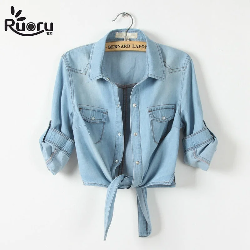 kimono Denim Shirt Short Sleeve Womens Tops Chemise Femme Crop Top Sexy Short Jeans Shirt Blouse Summer Cool Feminine Shirts Boho Chic Blouse