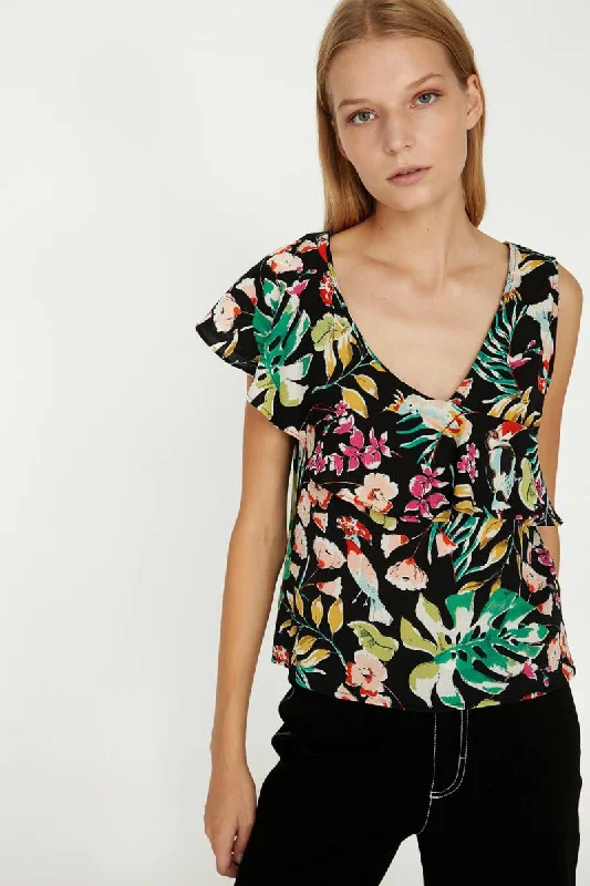 Women Black Blouse Stretchy Fitted Blouse