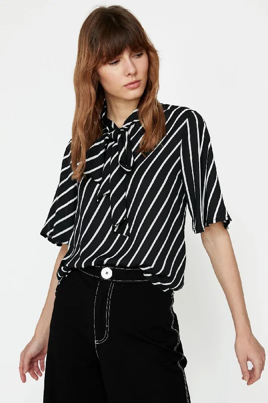 Women Black Blouse Sheer Mesh Blouse
