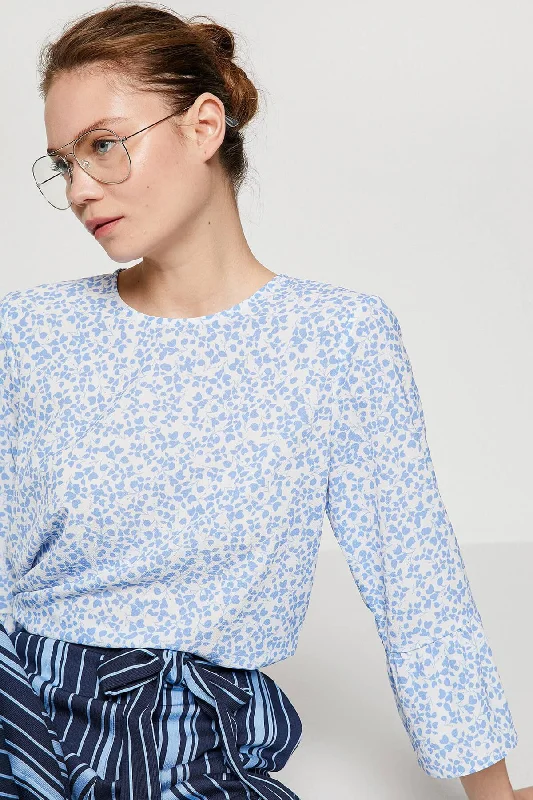 Women Blue Bike Collar Long-Sleeved Blouse Chic Wrap Blouse