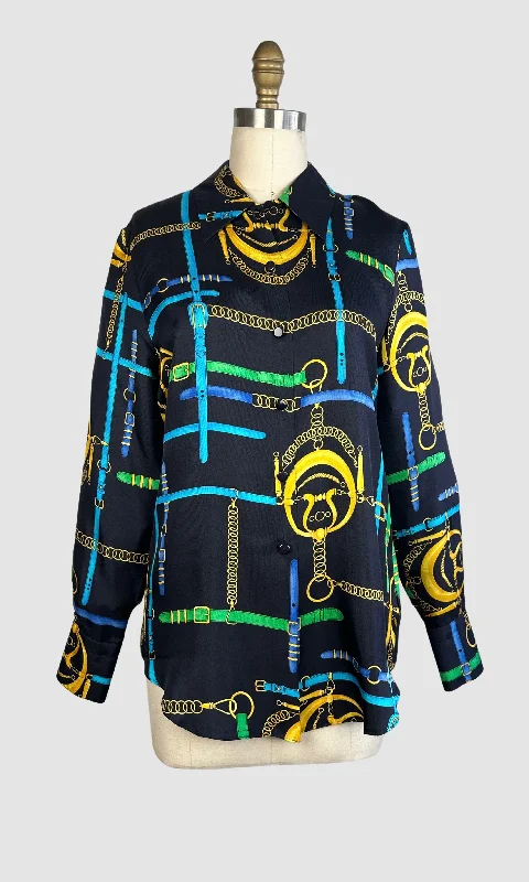 LAUREL 90s Equestrian Print Silk Blouse • Medium Lightweight Chiffon Blouse