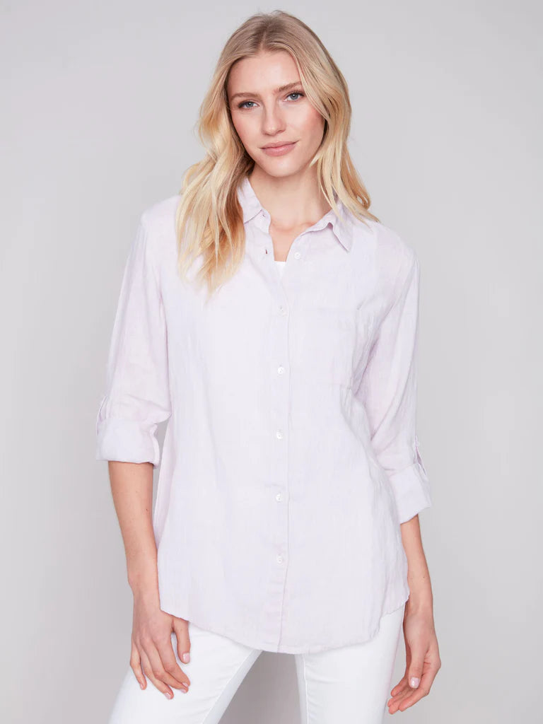 LINEN BUTTON UP BLOUSE Wrap Front Blouse