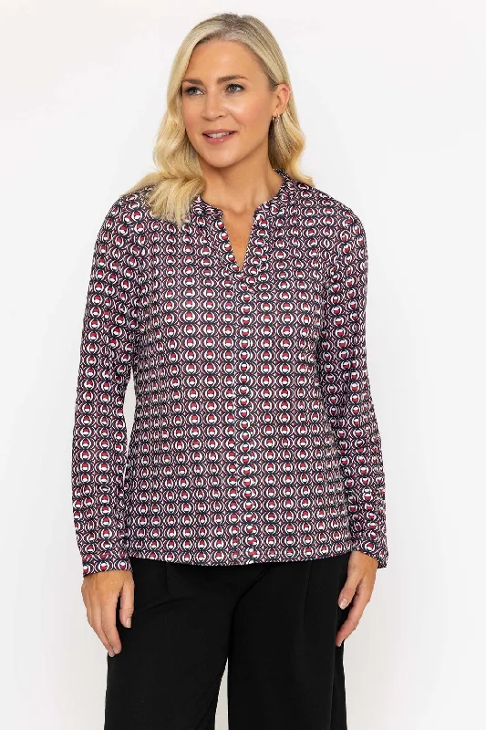 Long Sleeve Black & Red Printed Jersey Blouse Business Casual Blouse