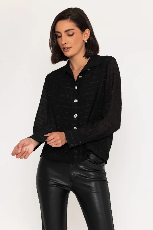 Long Sleeve Stripe Detail Blouse in Black Classic Minimalist Blouse
