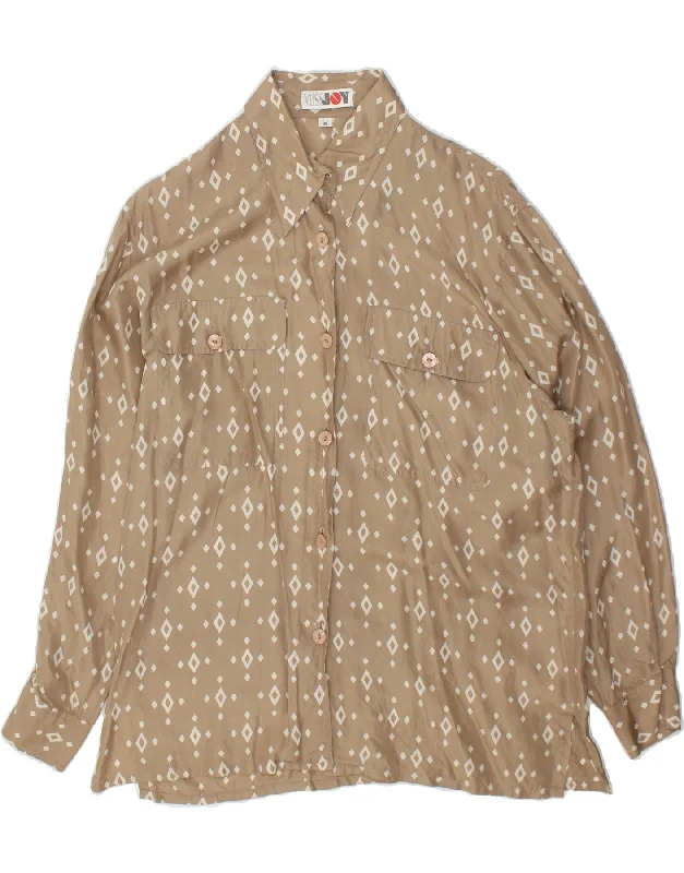 MISS JOY Womens Shirt Blouse E 38 Medium Beige Argyle/Diamond Silk High Neck Blouse