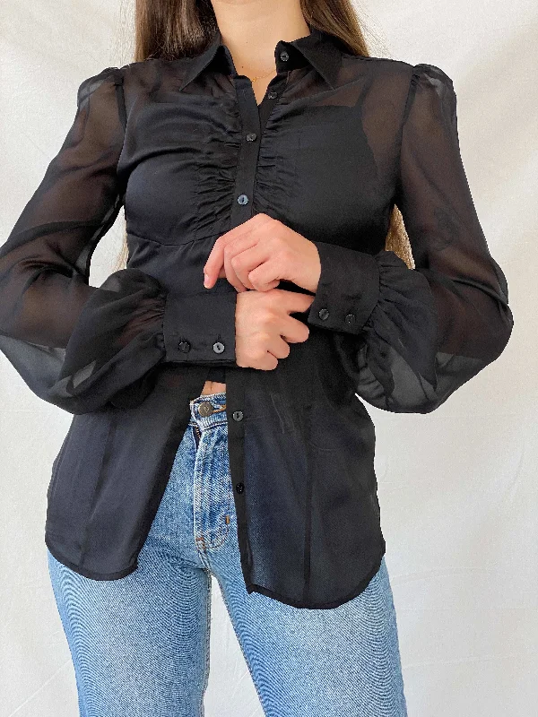 Miss Sixty Diamond Sheer Black Exaggerated Sleeve Blouse - M Off-Shoulder Wrap Blouse