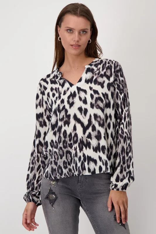 Monari 808116 Black Pattern Leopard Print Round Neck Blouse Smart Business Blouse