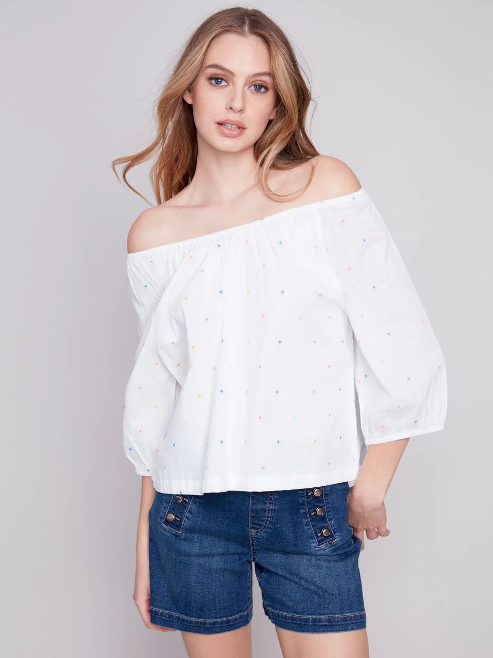 OFF THE SHOULDER COTTON BLOUSE Short Sleeve Blouse