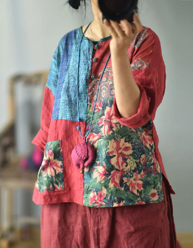 Original Design Patchwork Linen Blouse Vintage Floral Shirts Side Tie Blouse
