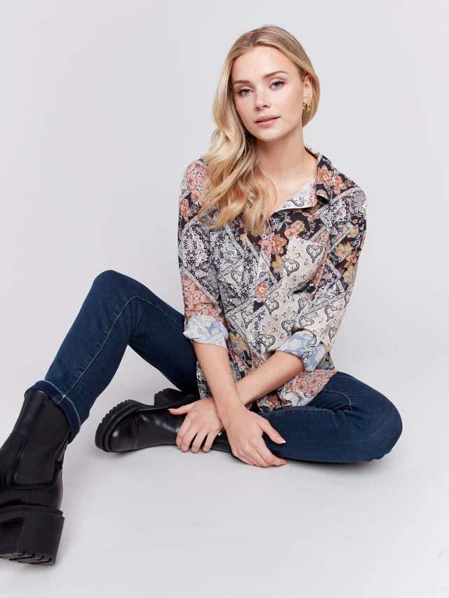 PRINTED BUTTON FRONT BLOUSE Relaxed Fit Blouse