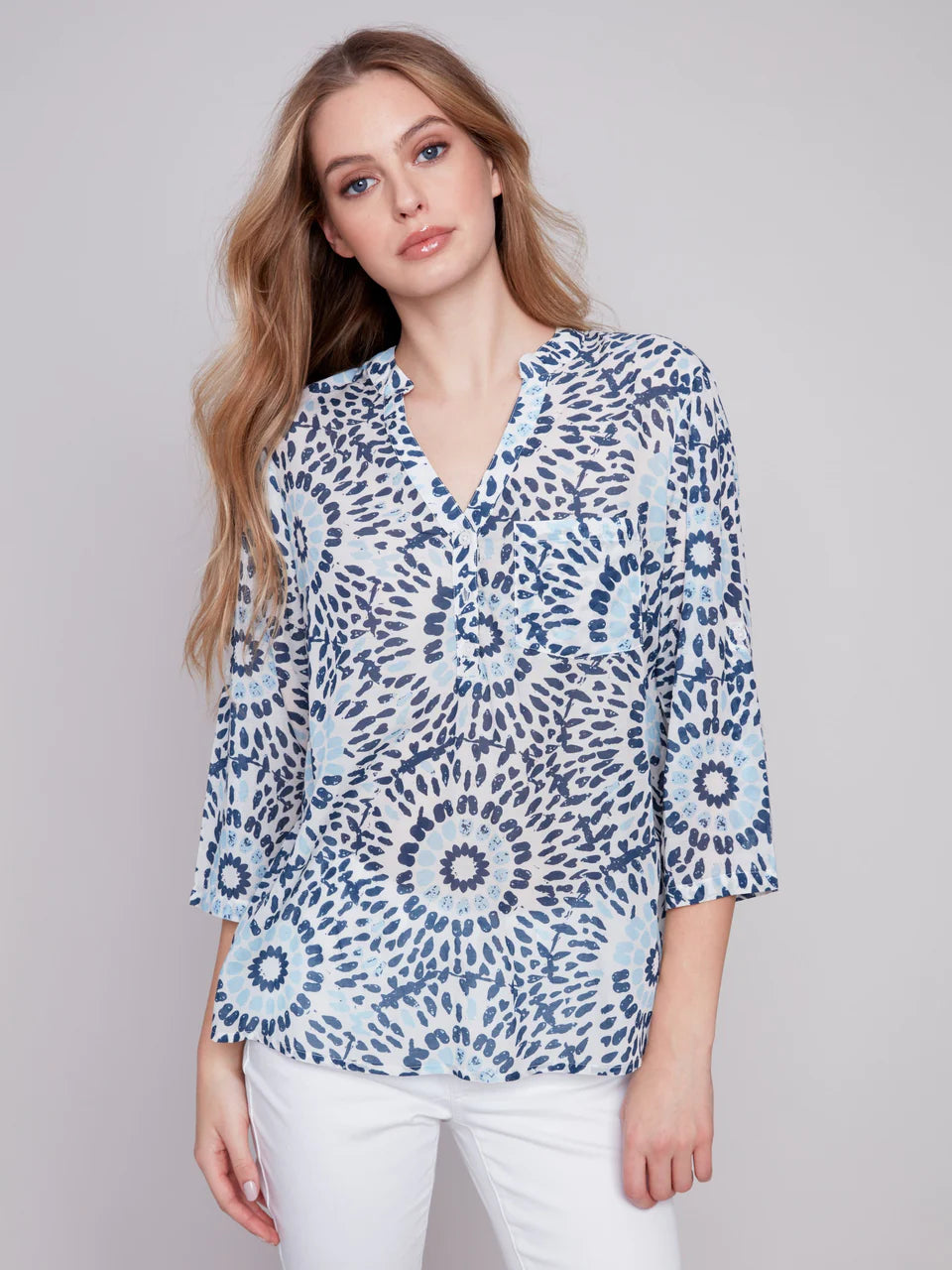 PRINTED HALF BUTTON BLOUSE Polished Work Blouse