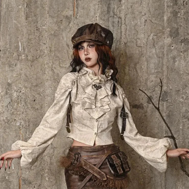 Retro Steampunk Cotton Linen Ruffled Standing Collar Long Lantern Sleeve Blouse Airy Cotton Blouse