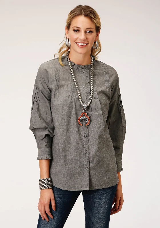 Roper Womens Grey 100% Cotton Romantic Melange L/S Blouse Pastel Color Blouse
