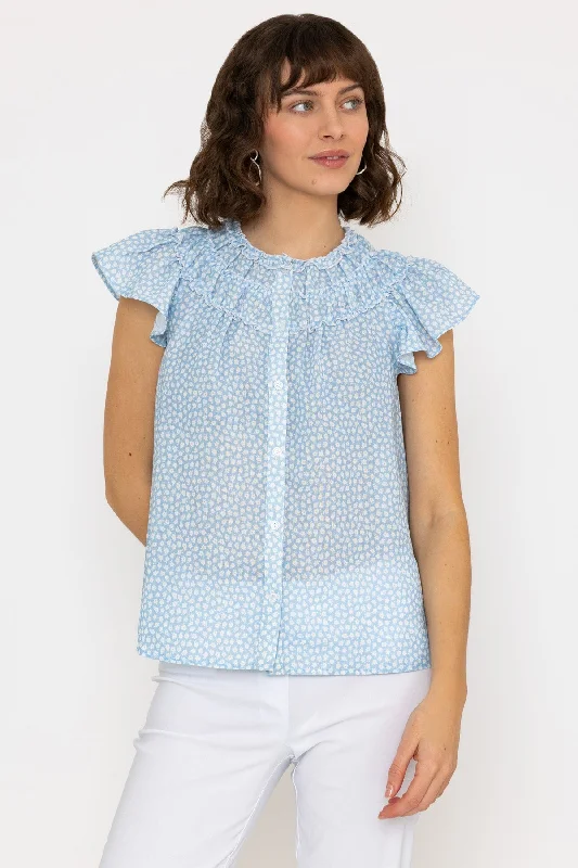 Ruffle Blouse in Blue Print Casual Stripe Blouse