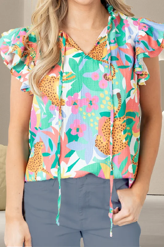 Ruffled Printed Tie Neck Cap Sleeve Blouse Puff Sleeve Blouse