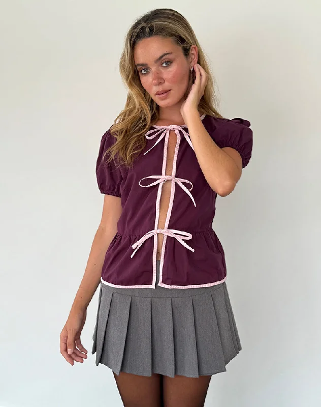 Ryota Tie Front Blouse in Oxblood with Pink Lady Binding High Neck Blouse