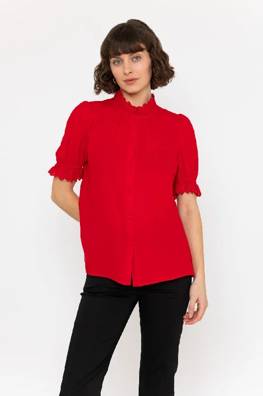 Short Sleeve Air Flow Blouse in Red Textured Cotton Blouse