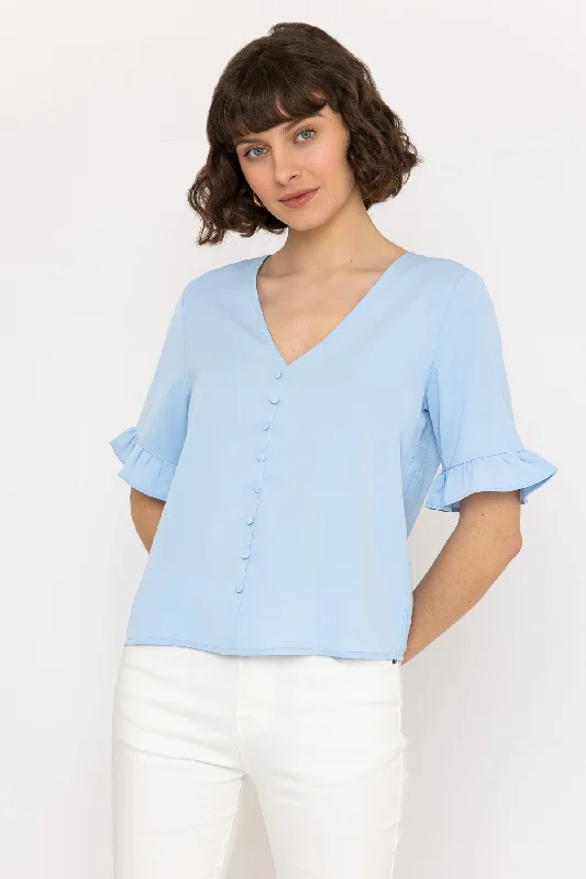 Short Sleeve Button Blouse in Blue Peter Pan Collar Blouse