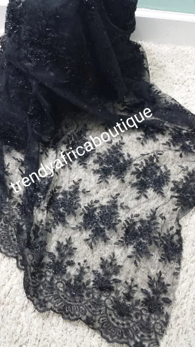 Sale: Soft Black/black beaded and stoned net French lace fabric for making Blouses for wrapper. Igbo/Delta/Edo women blouse fabric. This is about 2yrds total piece for sale. Can be use to combination style Short Sleeve Blouse