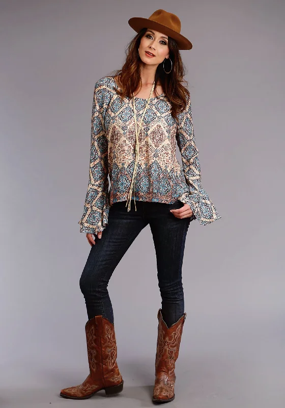 Stetson Herringbone Womens Brown Rayon/Nylon Ruffle L/S Blouse Chic Ruffle Blouse