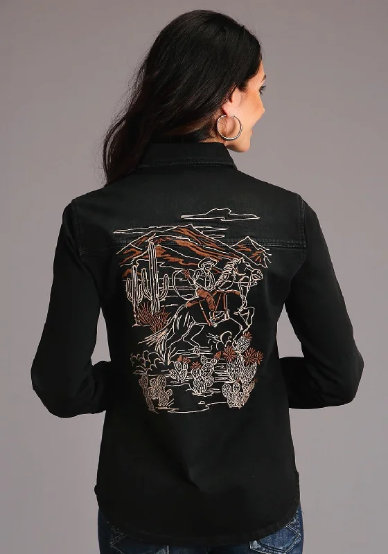 Stetson Womens Black Cotton Blend Horse Rider L/S Blouse Loose Fit Blouse